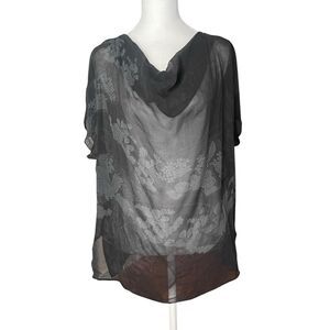Citron Collection Medium Silk Blouse Black Gray Print Cap Sleeve Top Cowl